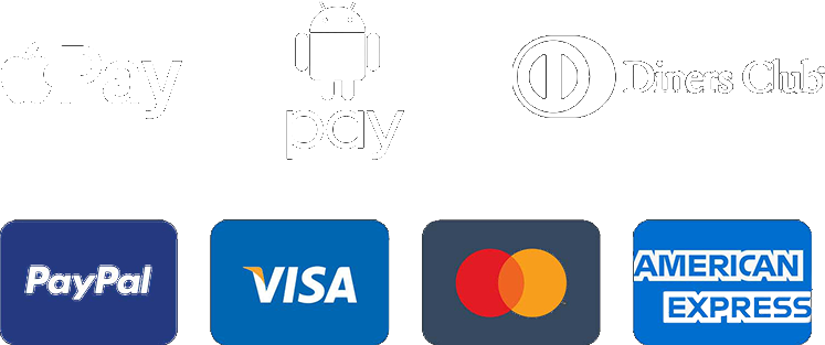 PayPal, Visa, Mastercard, American Express, Apple Pay, Android Pay, Diners Club